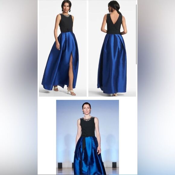 Sachin + Babi Blue and Black Pleated Prom Gown - Picture 2 of 3